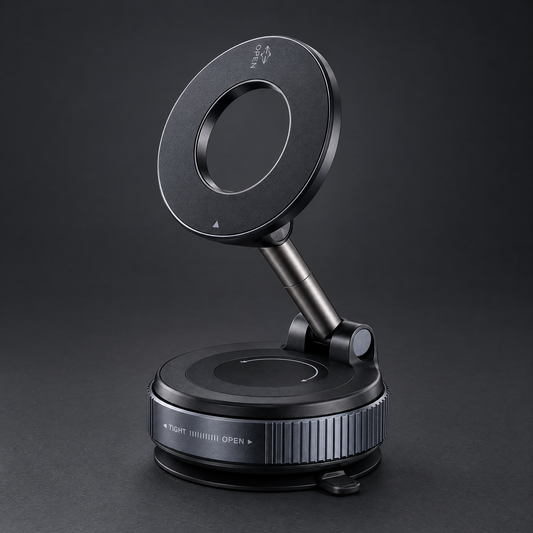 Graphite foldable magnetic phone holder on a charcoal studio background