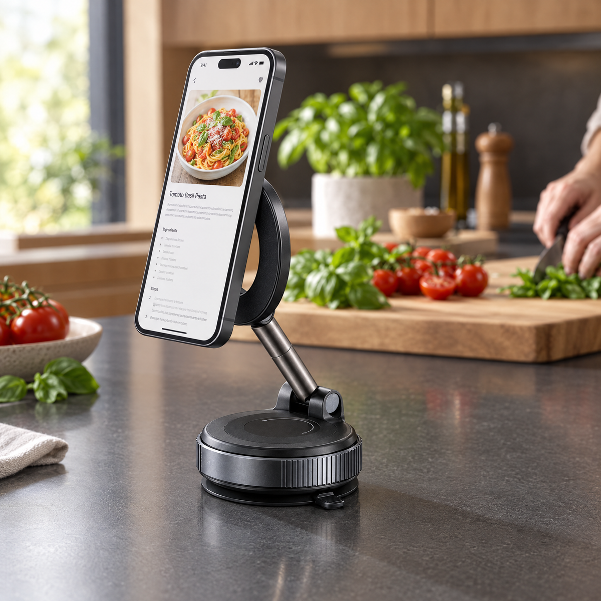Magnetic phone holder on a kitchen counter for following recipes